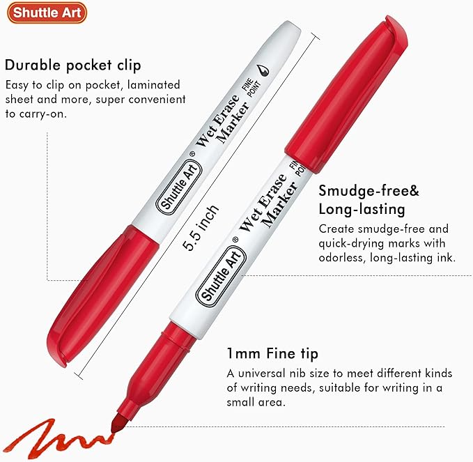 Shuttle Art Wet Erase Markers, 12 Colors 1mm Fine Tip Overhead Projectors - Image 4