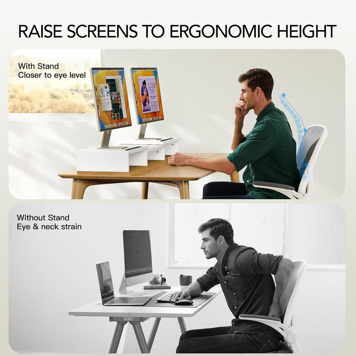 AMERIERGO Dual Monitor Stand Riser- 3 Shelf Screen Stand with Adjustable Leng...