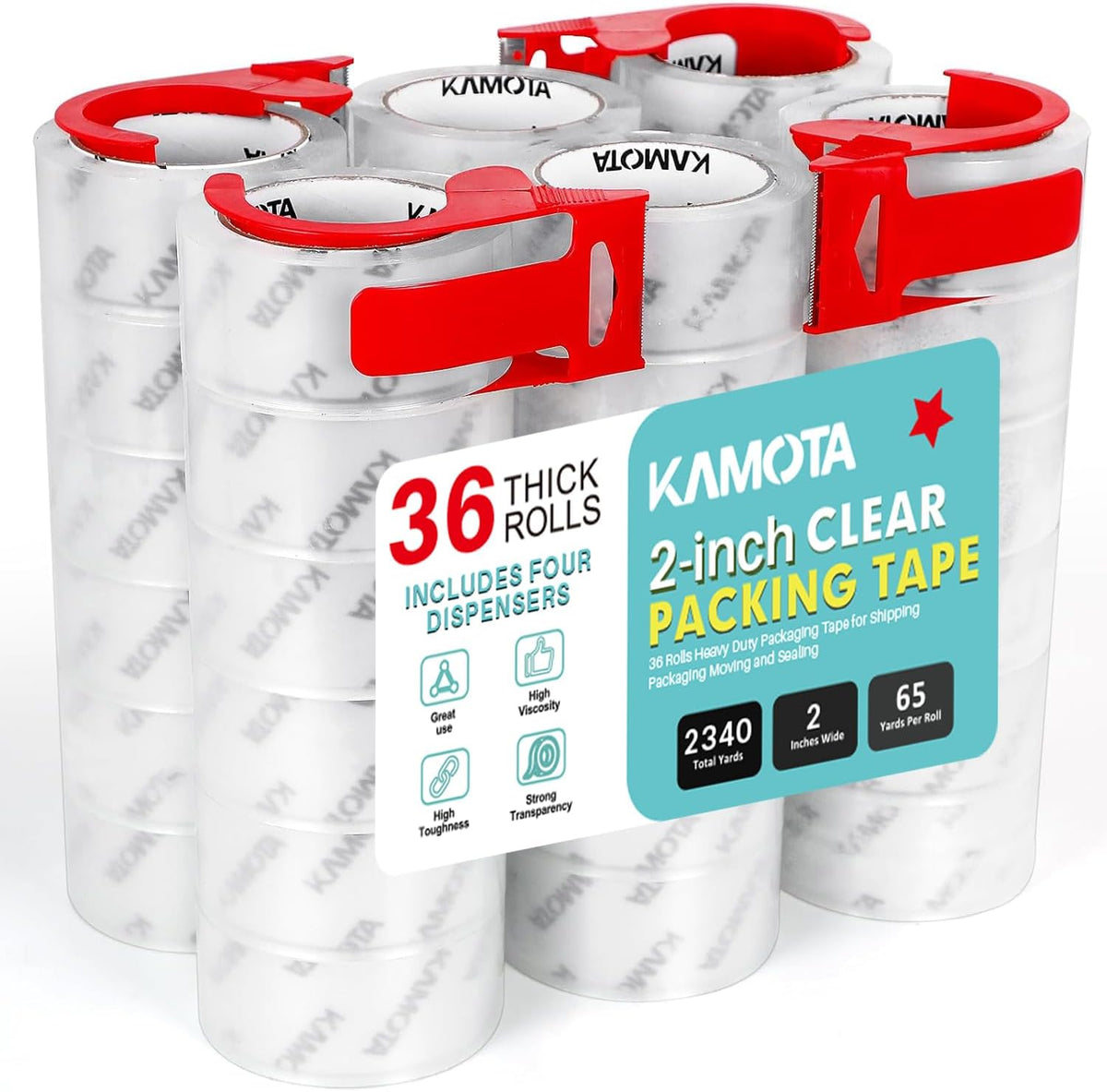 KAMOTA Packing Tape, 36 Rolls Heavy Duty Clear Packaging Tape