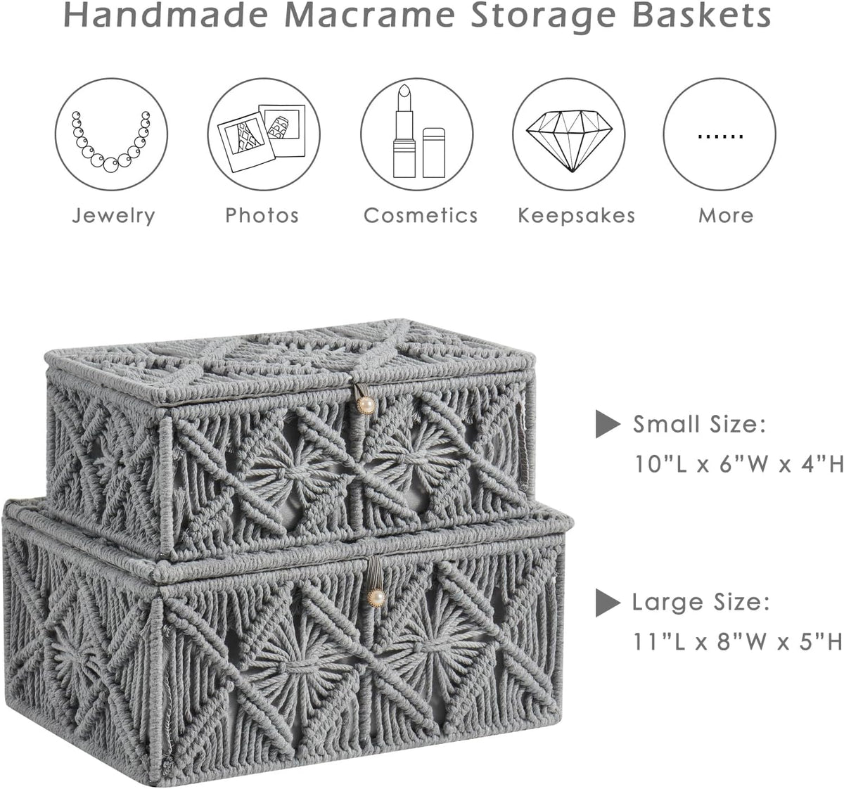 2PCS Decorative Boho Storage Basket with Lid Natural Macrame Box