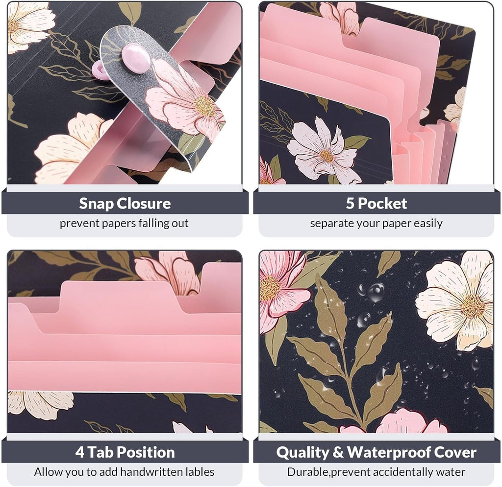 SKYDUE Accordion File Organizer, Floral Expanding File Folders with 5 Pockets, Cute Document Organizer for Paper Bills Receipt Storage, School Office & Hospital Supplies Letter/A4 Size Navy Blue