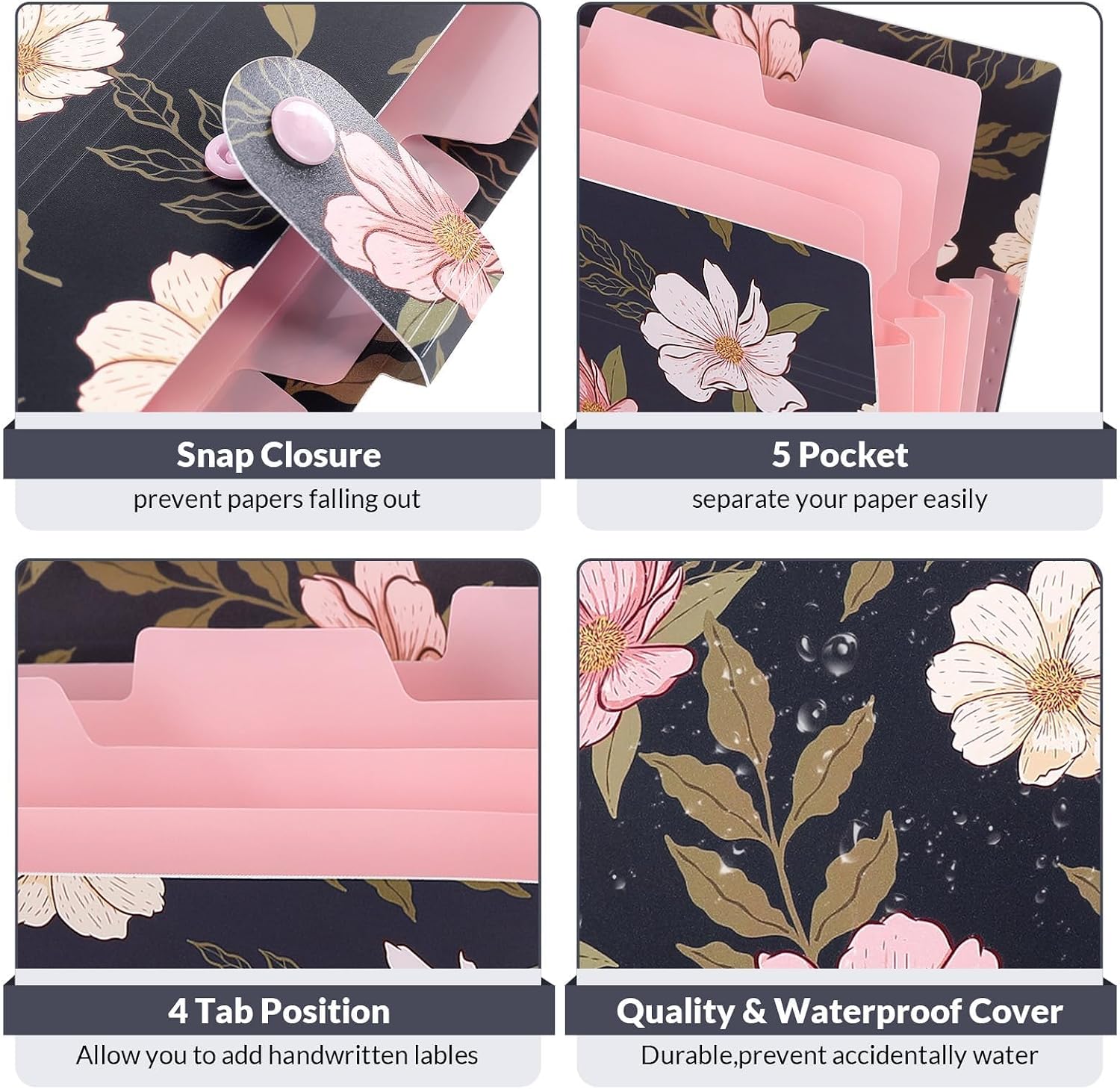 SKYDUE Accordion File Organizer, Floral Expanding File Folders with 5 Pockets, Cute Document Organizer for Paper Bills Receipt Storage, School Office & Hospital Supplies Letter/A4 Size Navy Blue