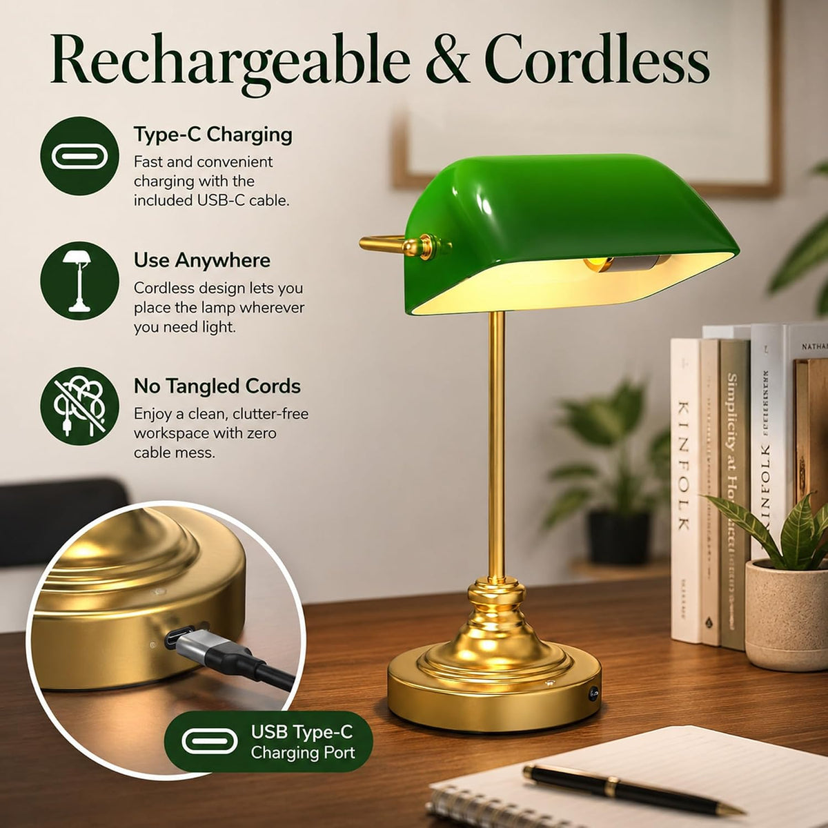 mokoqi cordless bankers lamp rechargeable green glass desk shown in use