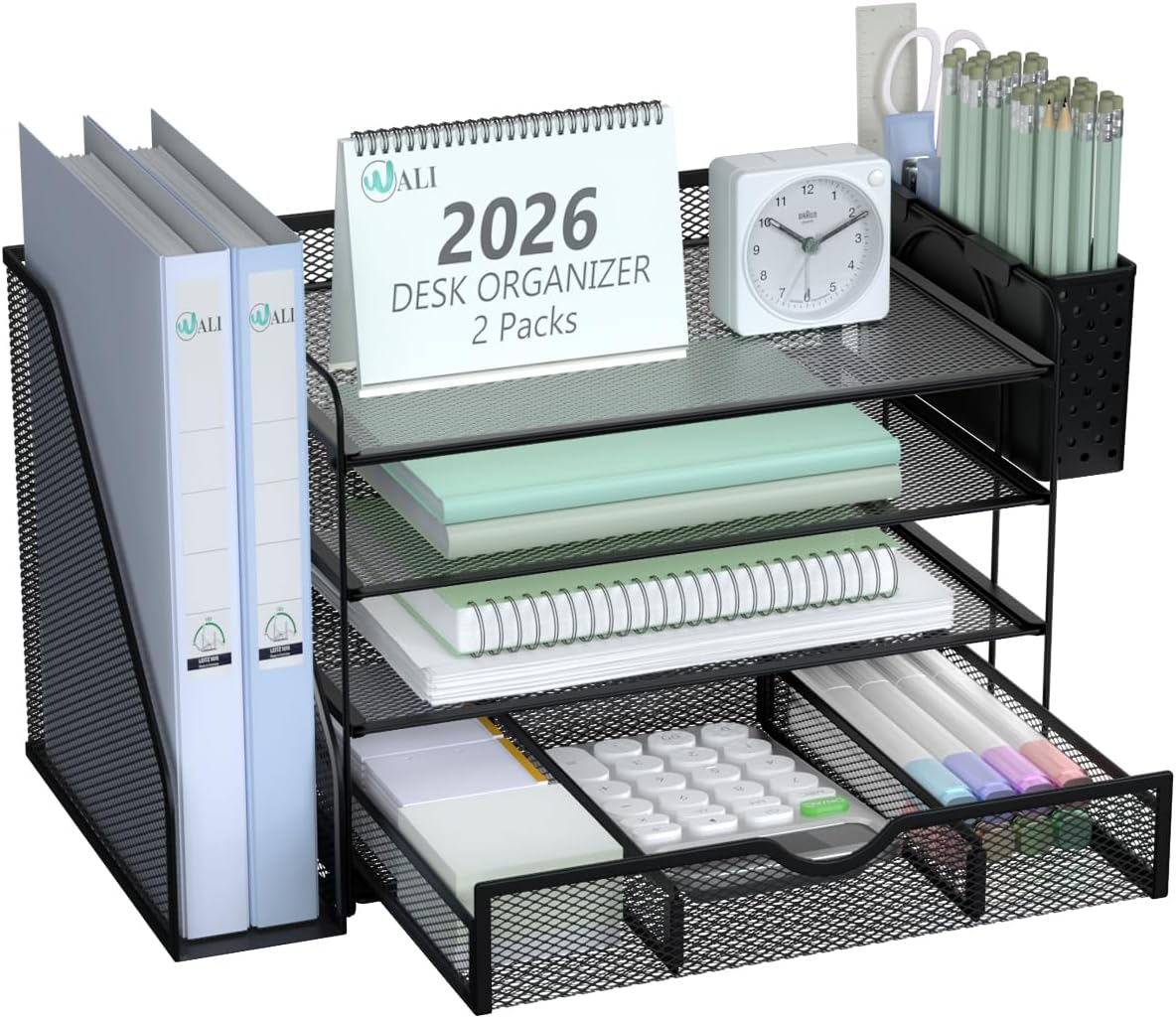 WALI Desk File Organizer, 4 Tier Desktop Paper Letter Tray Organizer with Dra...