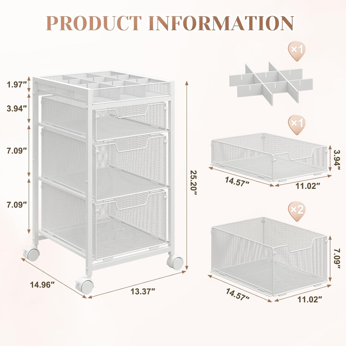 Rolling Utility Cart with 3 Drawers, Craft Organizer and Storage with DIY Div...