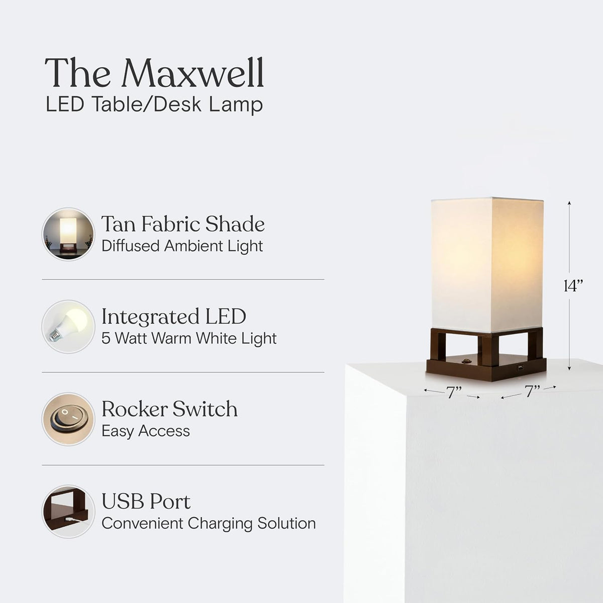 Brightech Maxwell Bedside Lamp with USB Port – Compact Table Lamp for Bedroom...