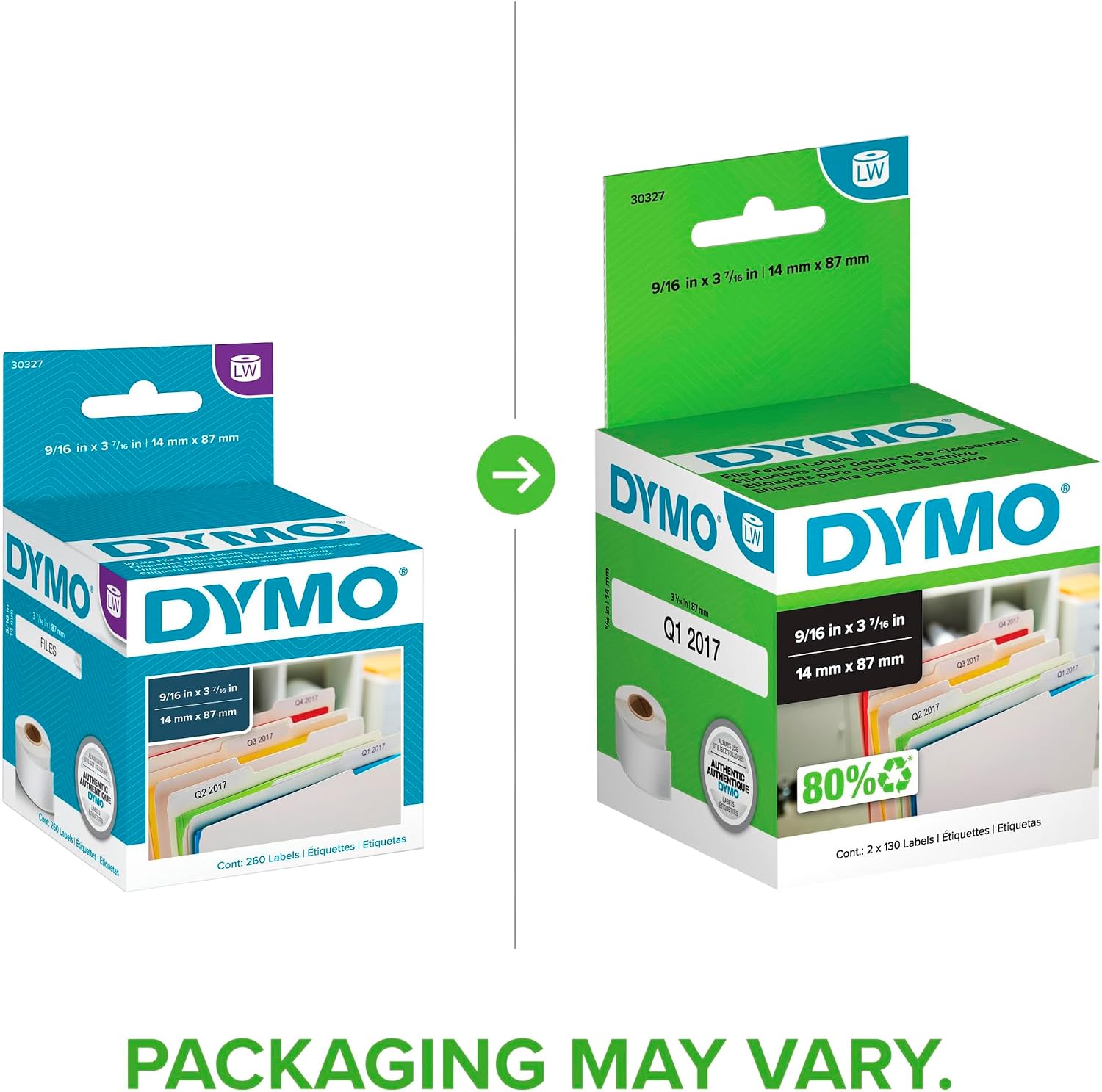 DYMO Authentic LW 1-Up File Folder Labels DYMO Labels for LabelWriter Label Printers White 9/16" x 3-7/16" 2 Rolls of 130 (260 Total) (Pack of 10)