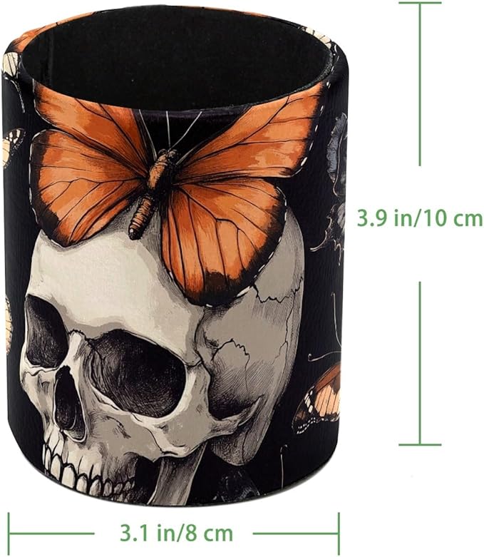 Leather Pen Holder for Desk, Butterfly Skull Pencil Cup Desktop Organizer - Image 4