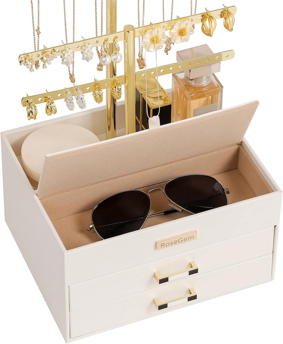 2 Tier Jewelry Stand with Bottom Drawer, Leather Jewelry Holder Display for W...
