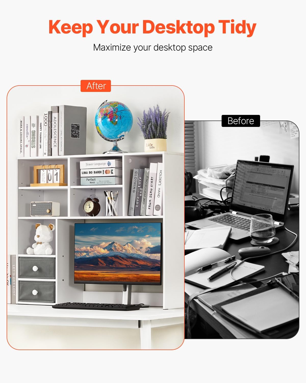 VEVOR Desktop Bookshelf, 3-Tier Desktop Storage Organizer, 37" x 10&quot...