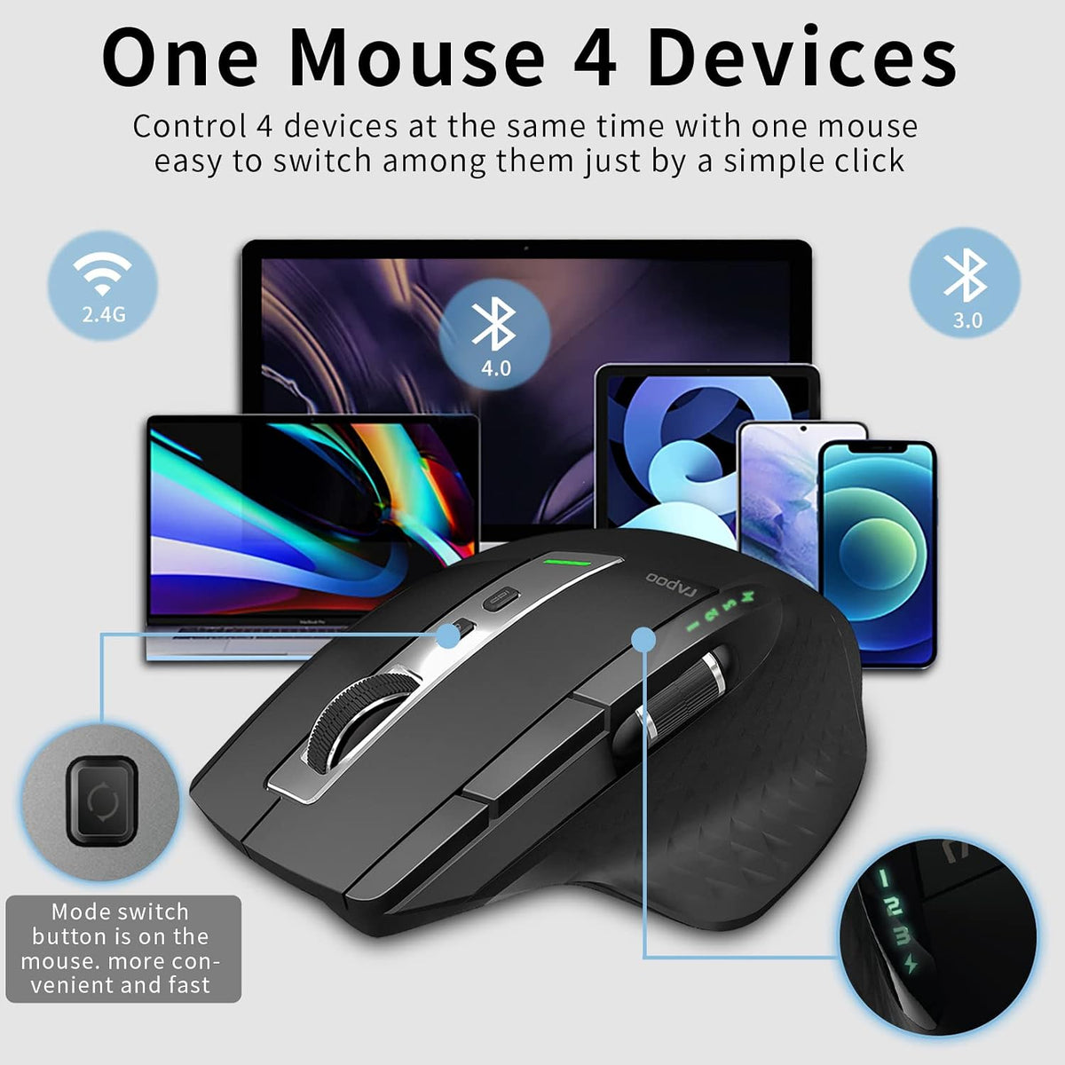 Rapoo Bluetooth Wireless Mouse, 4 Adjustable DPI Rechargeable, Multi-Device (...