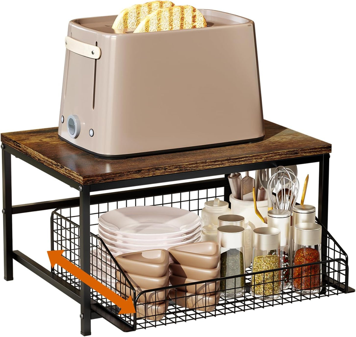 KLM Pull Out Spice Rack Organizer for Cabinet,Rustic Wood Top with Wire Baske...
