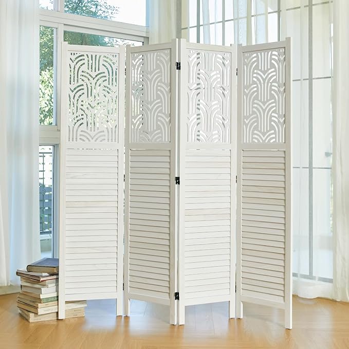 Svimi Folding Room Divider, 66.9 Inch 4 Panels Wood Carved Privacy Screens - Image 8