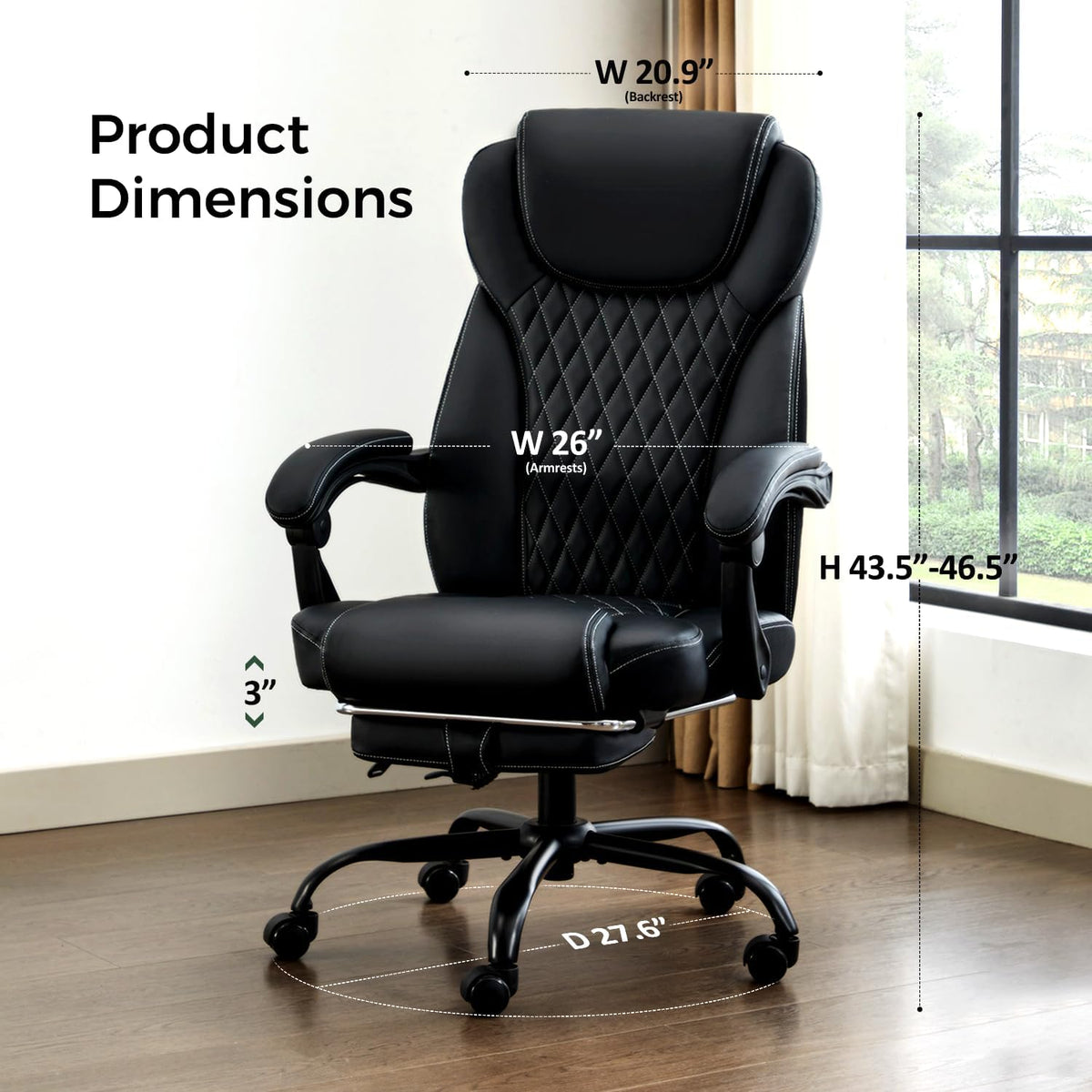amseatec Big and Tall Office Chair with Footrest, Lumbar Support, Black