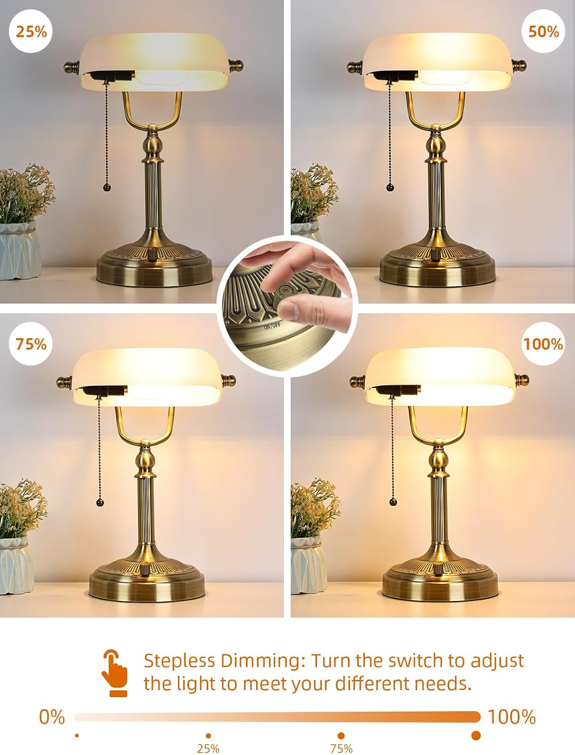 White Matted Stepless Dimmable Glass Bankers Desk Lamp