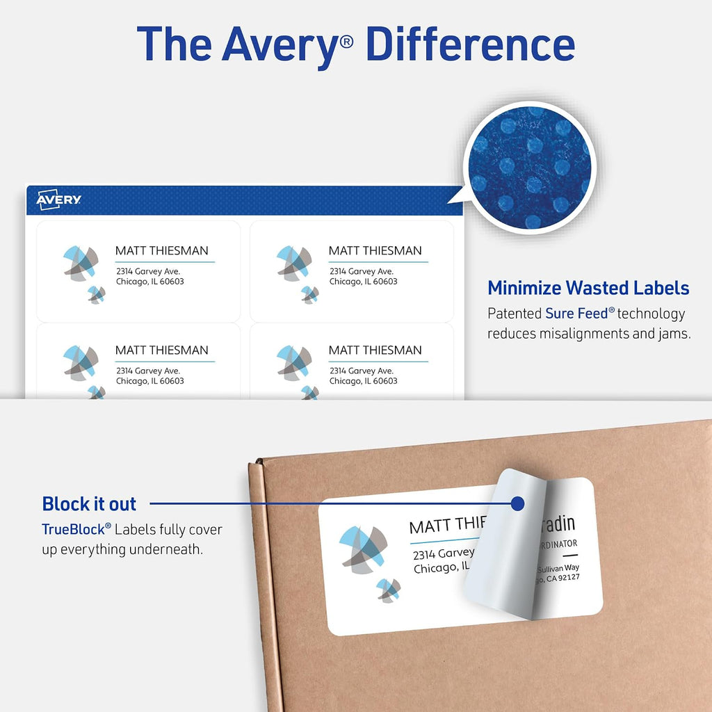 Avery Printable Shipping Labels, Sure Feed Technology, 3-1/3" x 4", White, Laser/Inkjet Printable, 60 Blank Mailing Labels (15264)