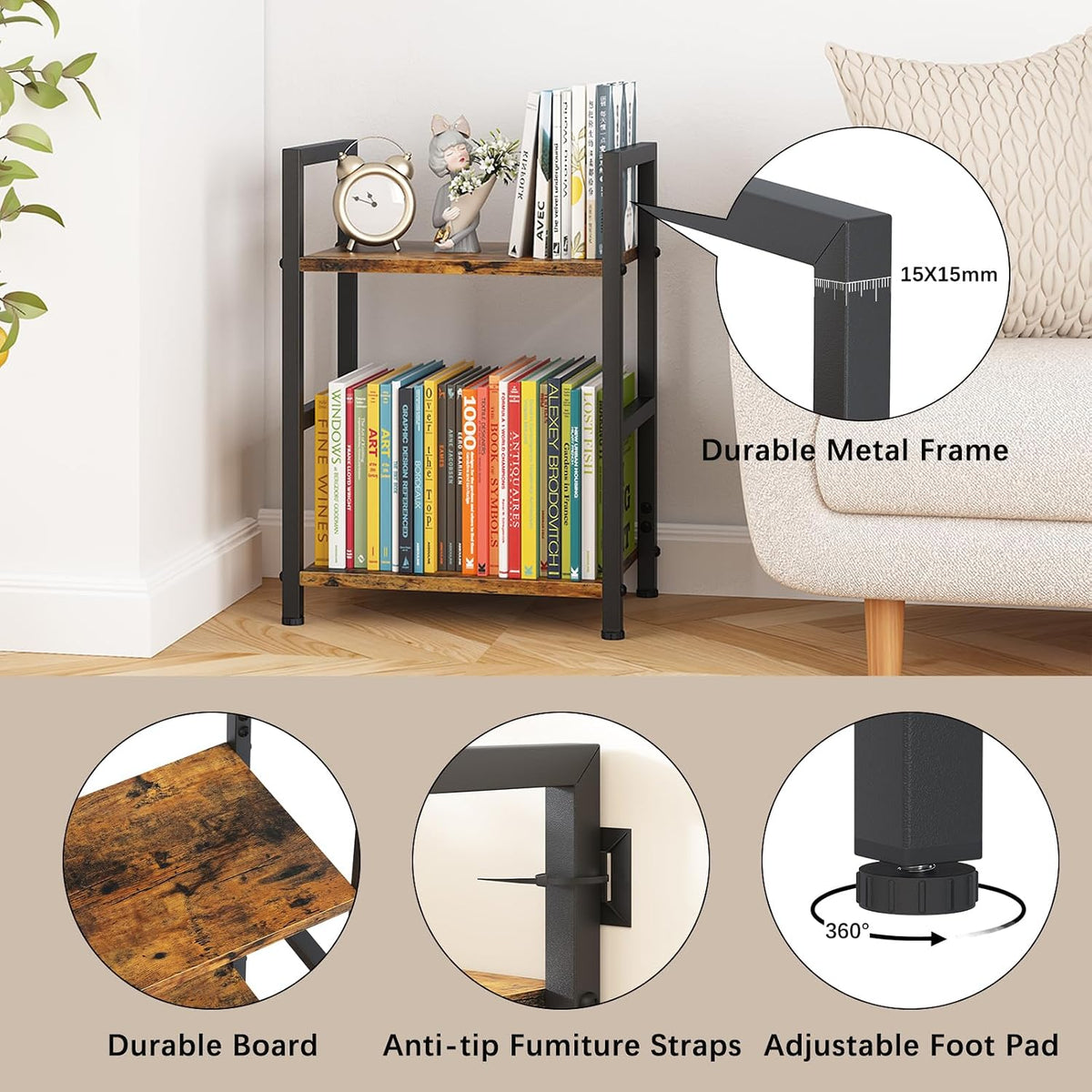 Small Bookshelf for Small Space, 2 Tier Industrial Bookcase,Narrow Book Case ...