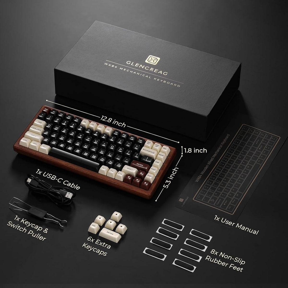 GLENCREAG WK84 USB-C Wired Wooden Mechanical Keyboard, 75% Layout 84 Keys, RG...