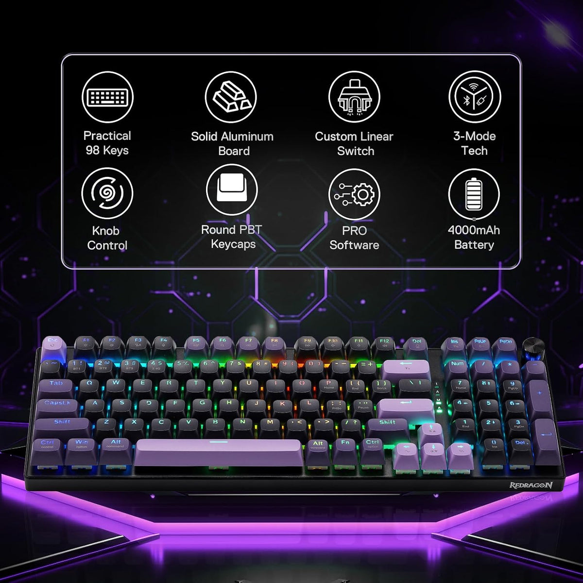 Redragon K740 PRO Wireless RGB Gaming Keyboard, Aluminum Base & Knob, 95%
