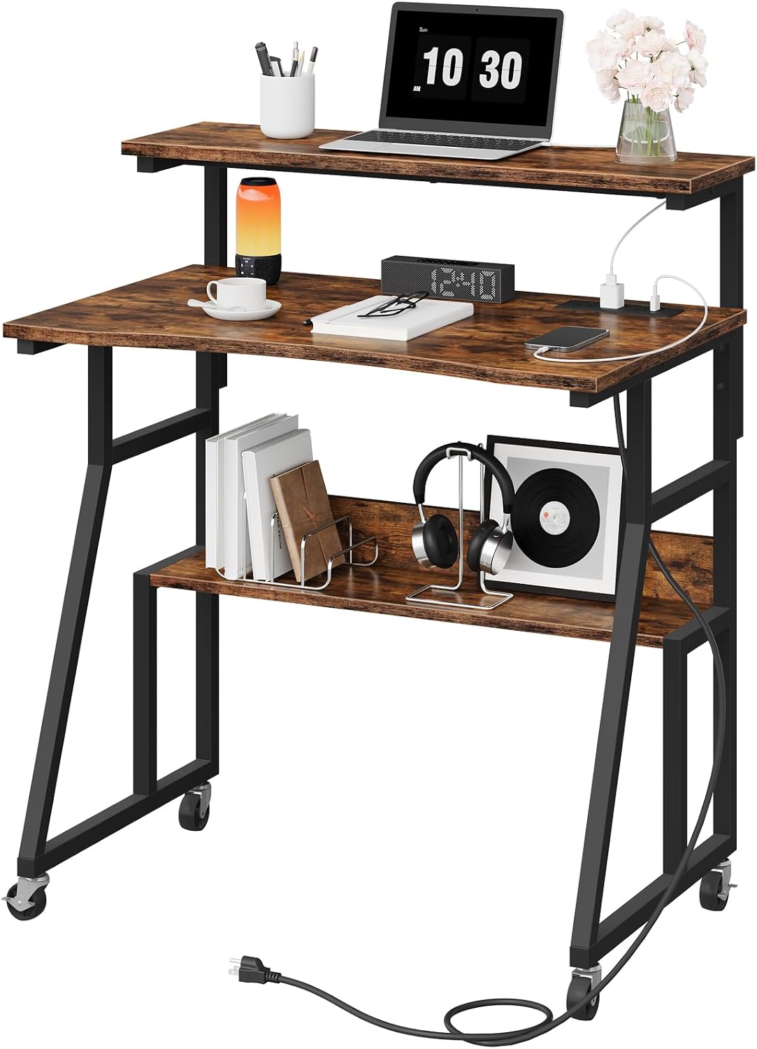 CHOEZON Rolling Computer Desk with Charging Station, 31.5 Inch Mobile Desk wi...
