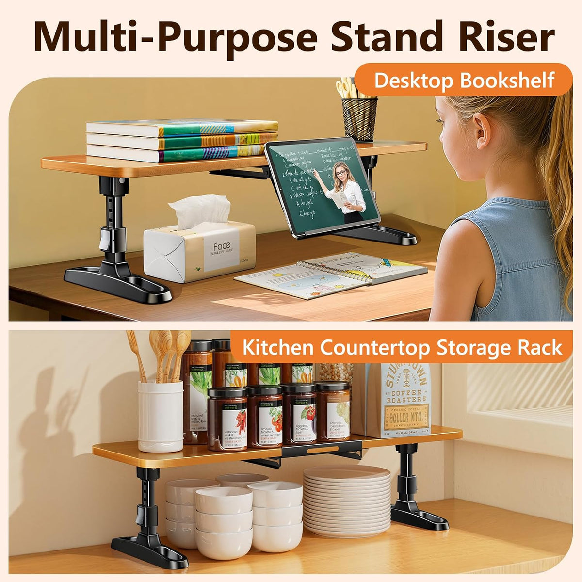 Ergonomic Wooden Monitor Stand Riser with Height Adjustable Button