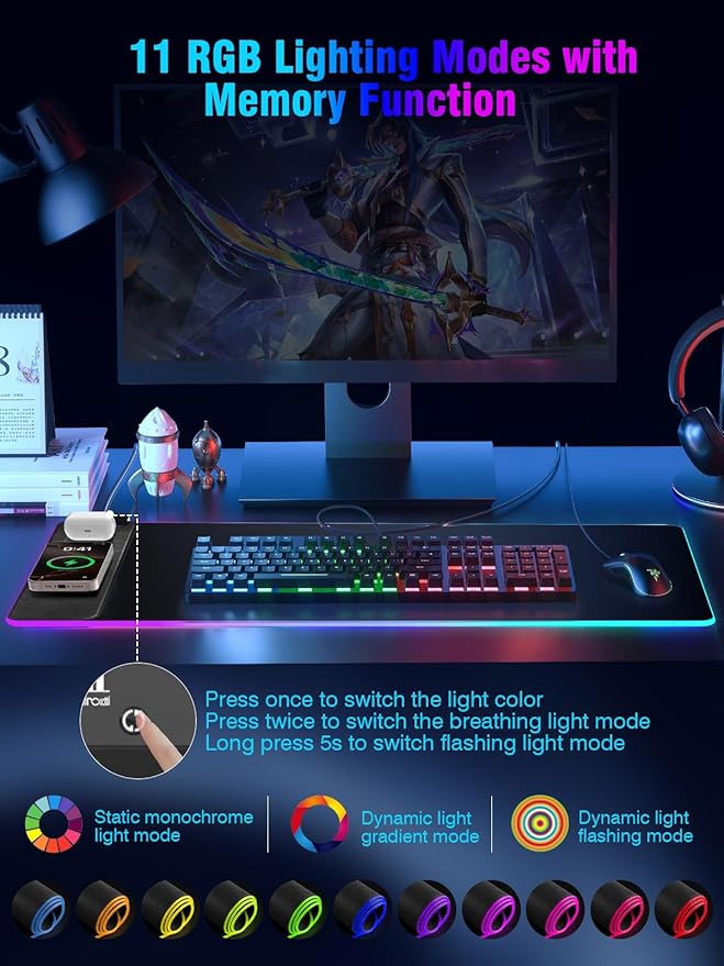 Miroddi RGB Mouse Pad with Wireless Charging Gaming Mousepad, 31.5"x15.75" - Image 4