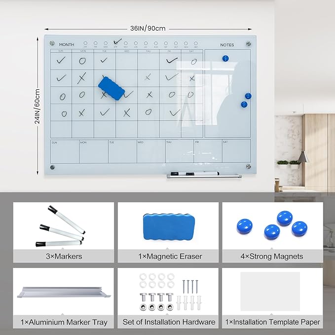 JYYPWB Magnetic Glass Whiteboard 36X24 Monthly Planner Calendar Dry Erase Board - Image 5