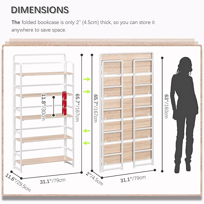 4NM No Assembly Extra Wide 5 Tiers Folding Bookshelf Storage Shelves Vintage - Image 2
