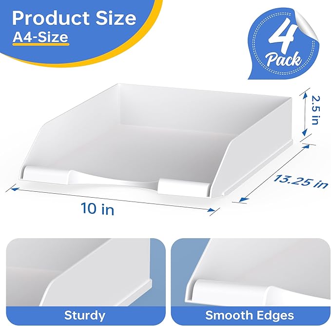 4 Pack Stackable Paper Trays for Letter Documents, Desktop File Organizers for - Image 2