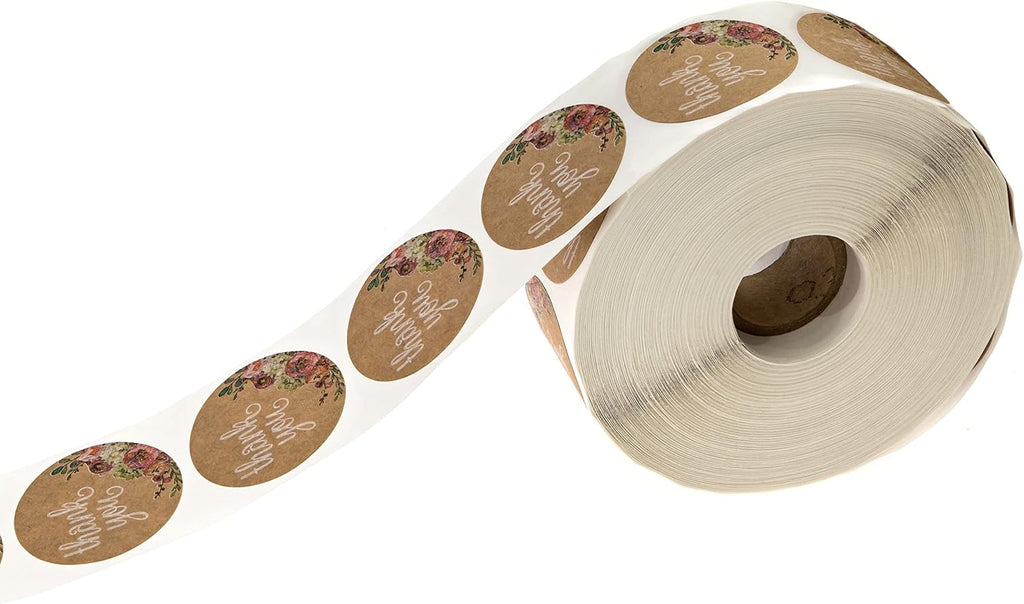 Brown Kraft Floral Thank You Stickers / 1000 Thanks Flowers Labels Roll / 1.5" Round Envelope Seals/Made in The USA