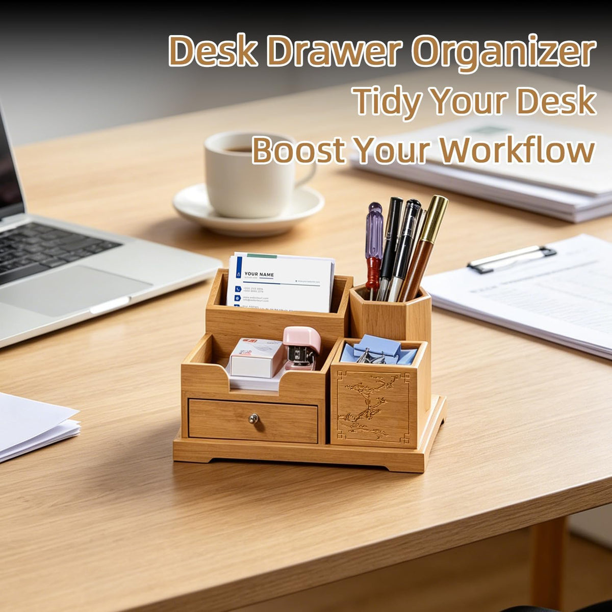 Bamboo Desk Organizer with Drawer & Pen Holder, Office Desk Caddy Storage