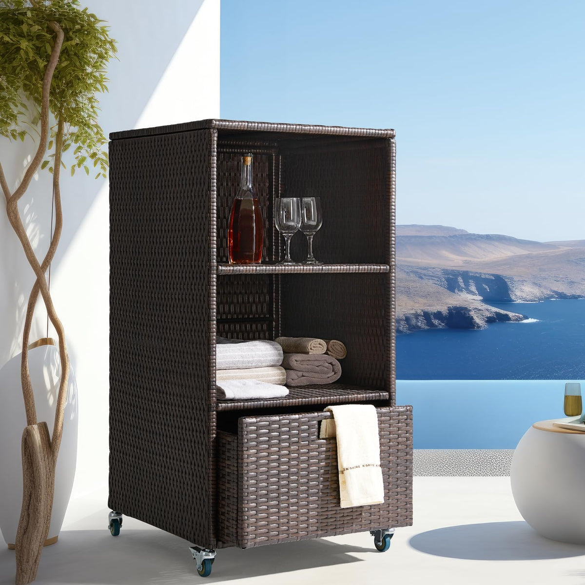 Outdoor Pool Towel Storage Cabinet Organizer Towel Valet Rack with Storage Sh...