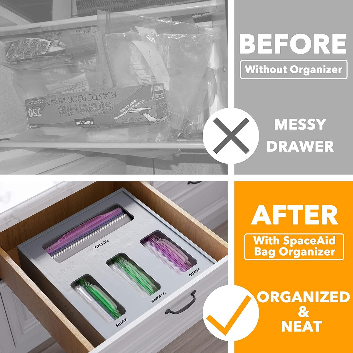 SpaceAid Bag Storage Organizer for Kitchen Drawer, Bamboo Organizer, Compatib...