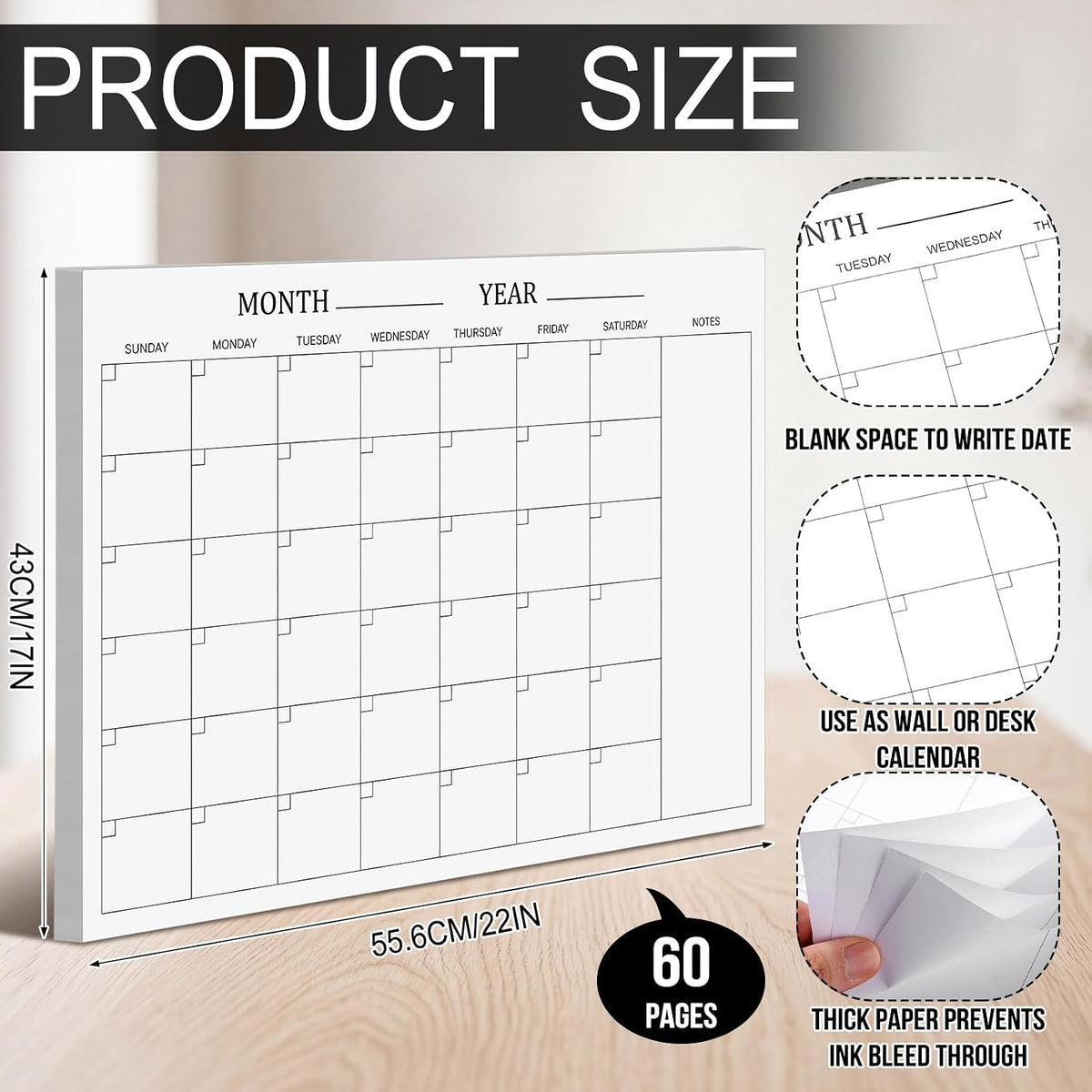 Gueevin 60 Sheets Large Undated Monthly Blank Calendar Sheet 22 x 17 Inch
