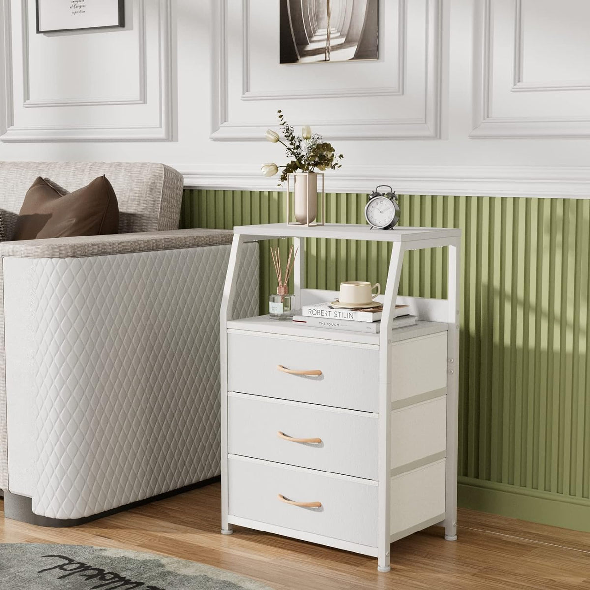 Furnulem White Night Stand with 3 Fabric Drawers, Small Bedside Table
