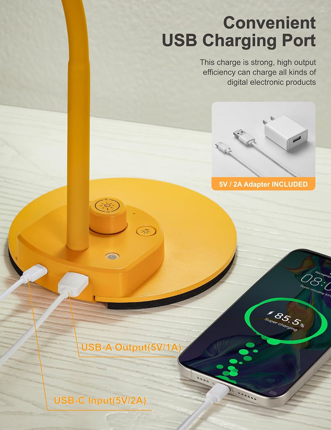 BOHON LED Desk Lamp with USB Charging Port 3 Color Modes Fully Dim, Yellow