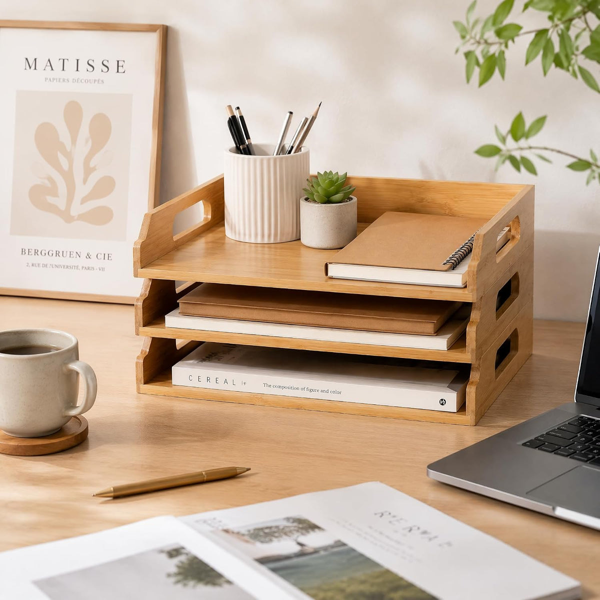 Okllen 3 Pack Stackable Paper Trays, Bamboo Desk Letter Tray Set, 3 Tier File...