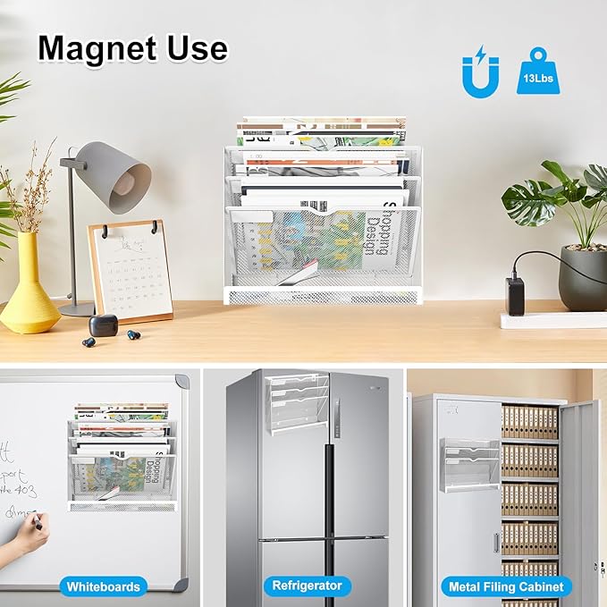 KZWKRG 4 Tier Magnetic File Holder, Large Capacity Mesh Hanging Wall Organizer - Image 6