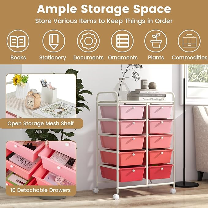 HAPPYGRILL 10-Drawer Rolling Storage Cart, Storage Organizer Cart - Image 3