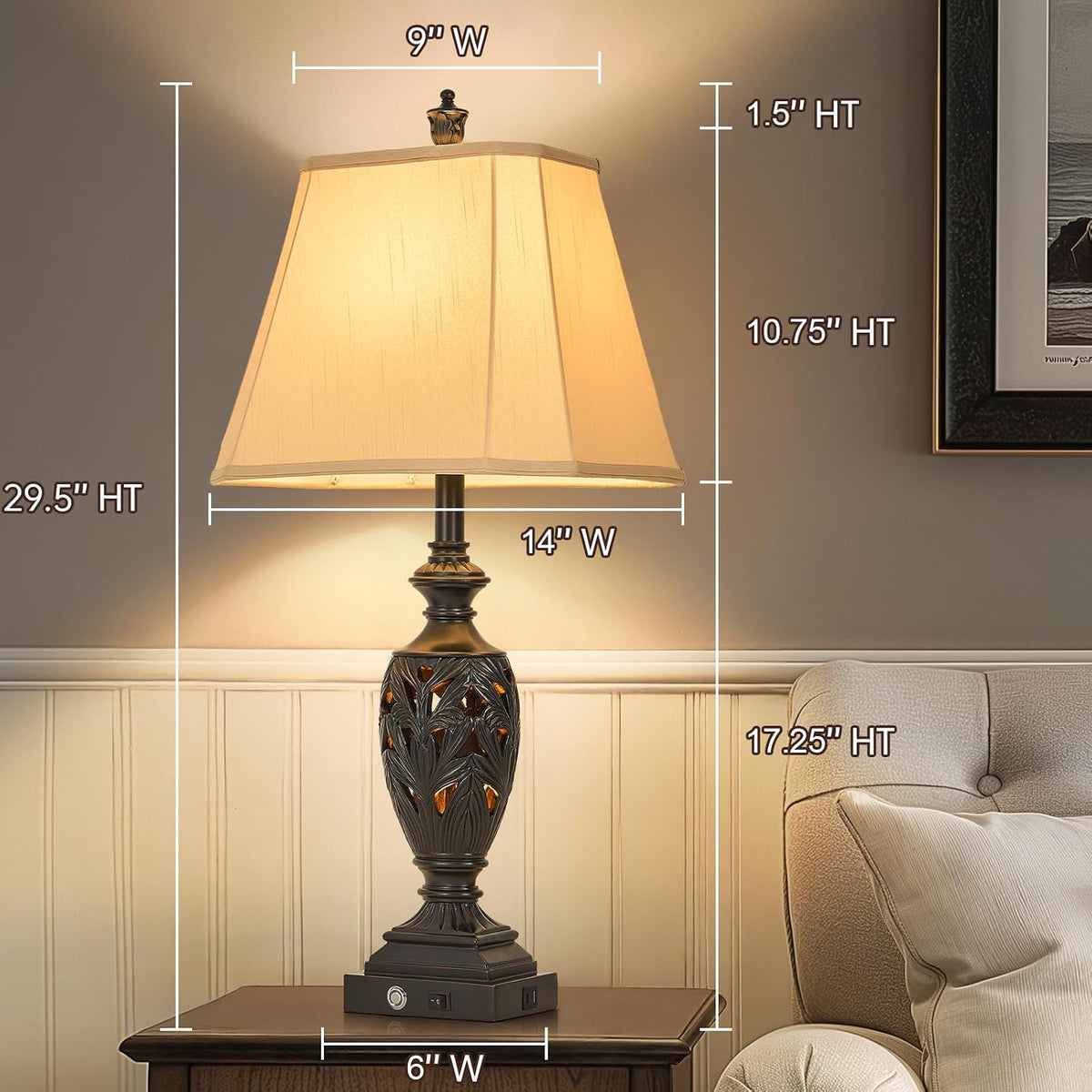 AIDENOEY 29.5" Touch Control Traditional Table Lamp Set of 2 with USB A+C