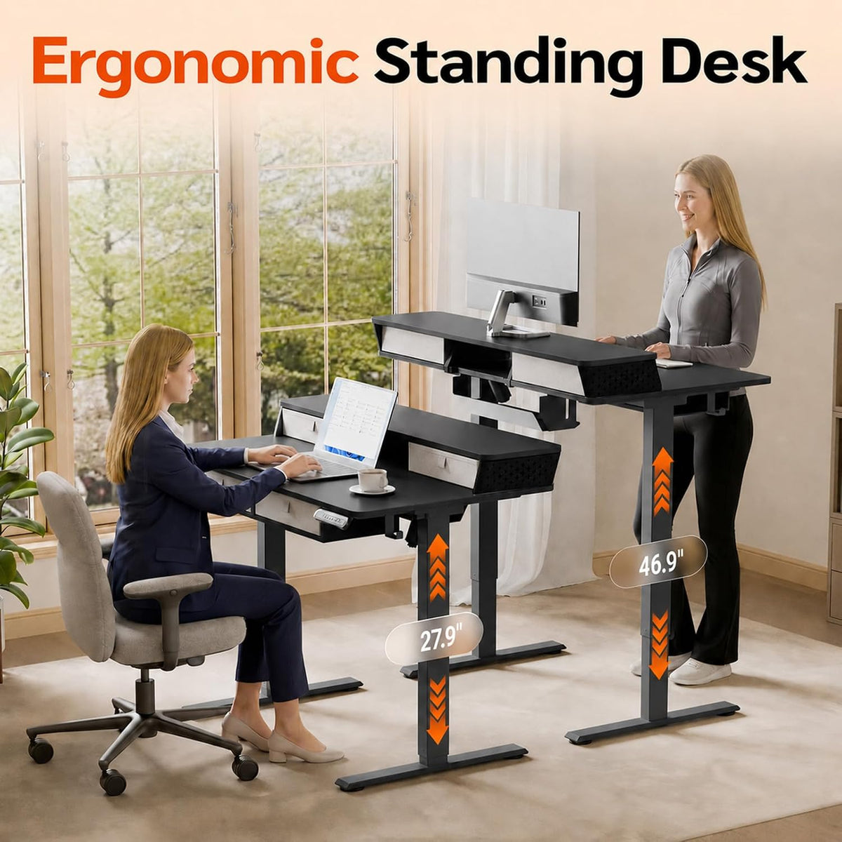 Kingant 40x24 Inch Electric Standing Desk with 4 Drawers, Black