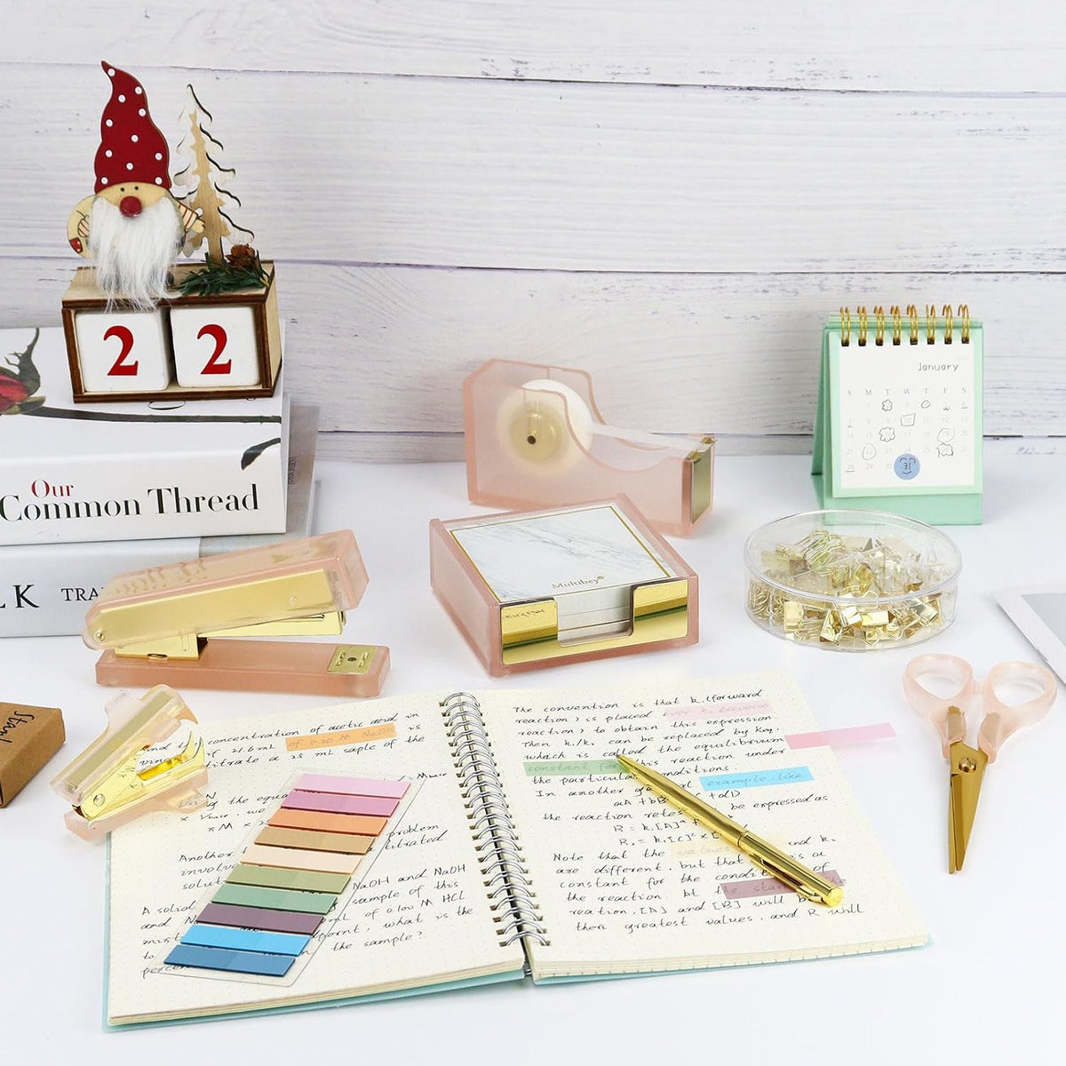 MultiBey Pink Gold Acrylic Sticky Notes Holder Stapler and Tape Dispenser Cut...