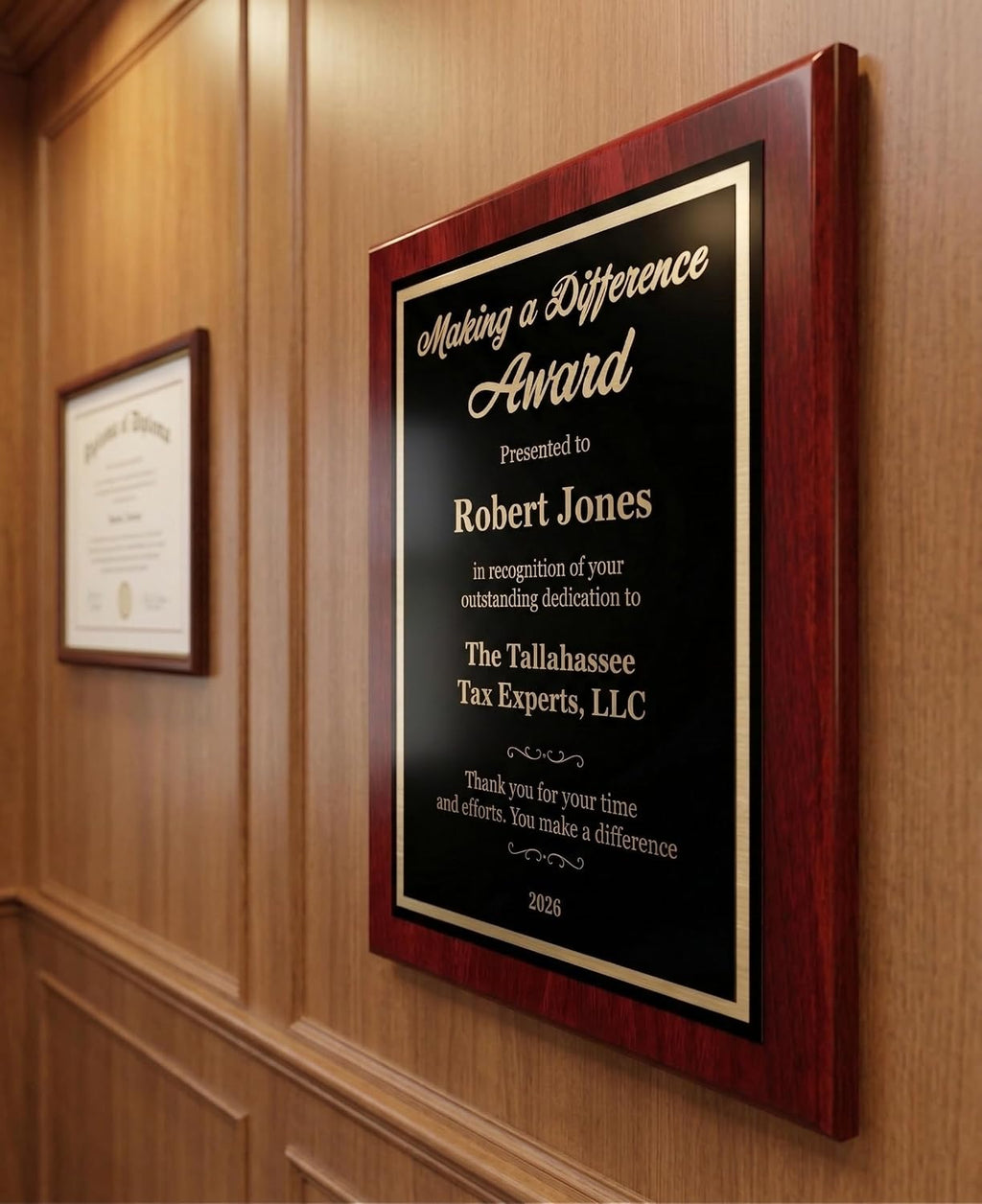 Personalized Award Plaque for Employee Apprecication and Recognition - Making a Difference Award - Choose Your Style and Size (10.5x13 Rose Piano Wood)