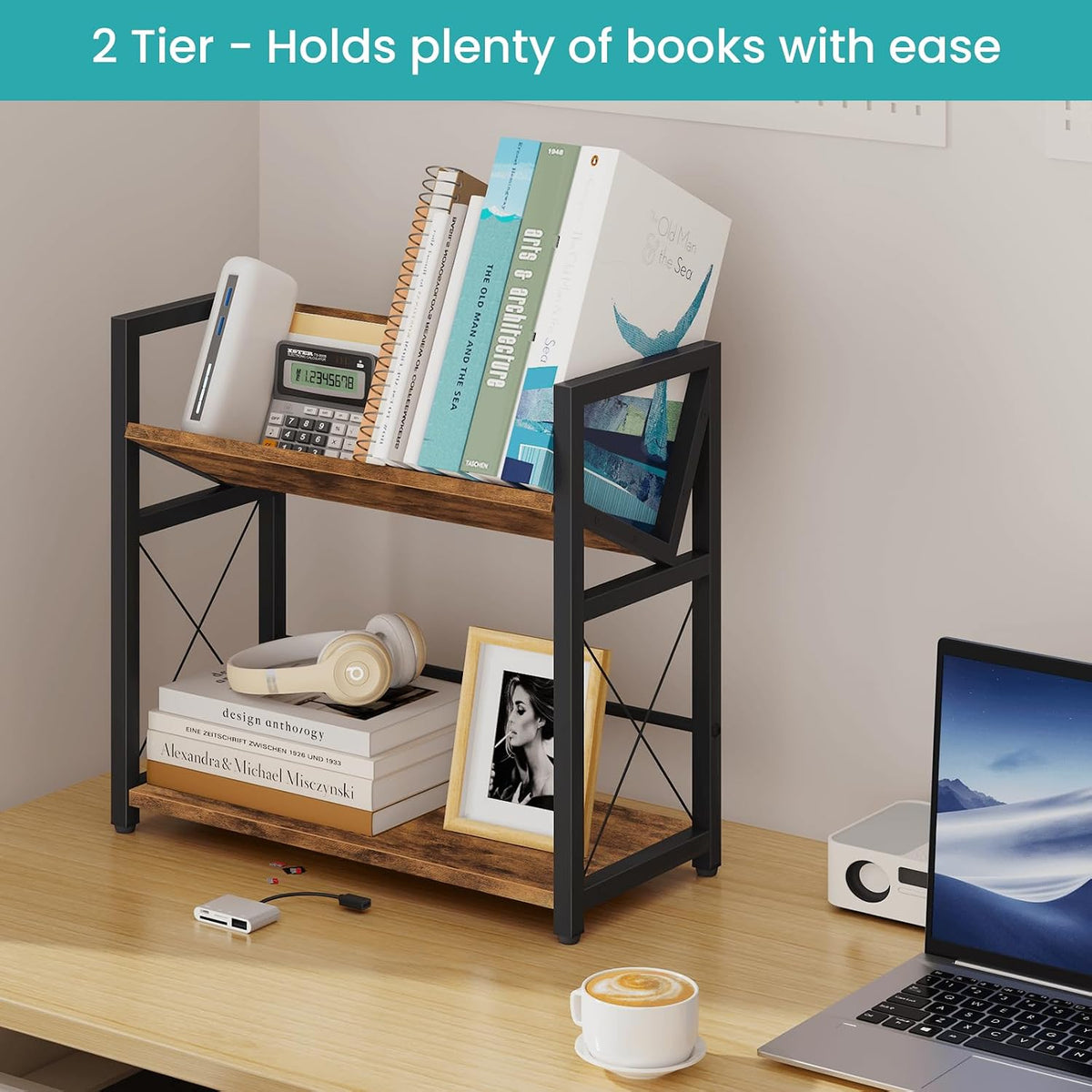 ELITEROO Desktop Bookshelf, 2 Tier Desk Shelf Organizer, Wooden Tabletop Book...
