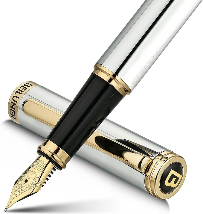 BEILUNER Silver Chrome Fountain Pen, Stunning Luxury by BEILUNER