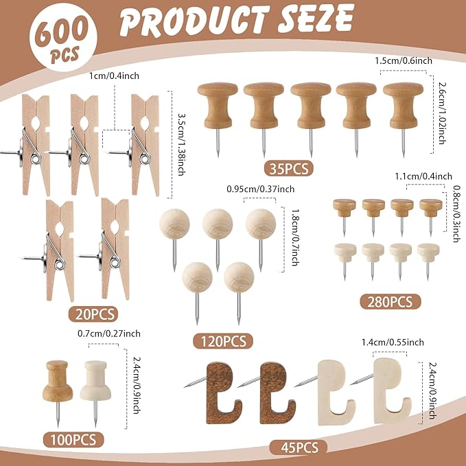 600 Pcs Decorative Push Pins, Wood Brown Thumb Tacks 6 Types Cute Push Pin Clips - Image 2
