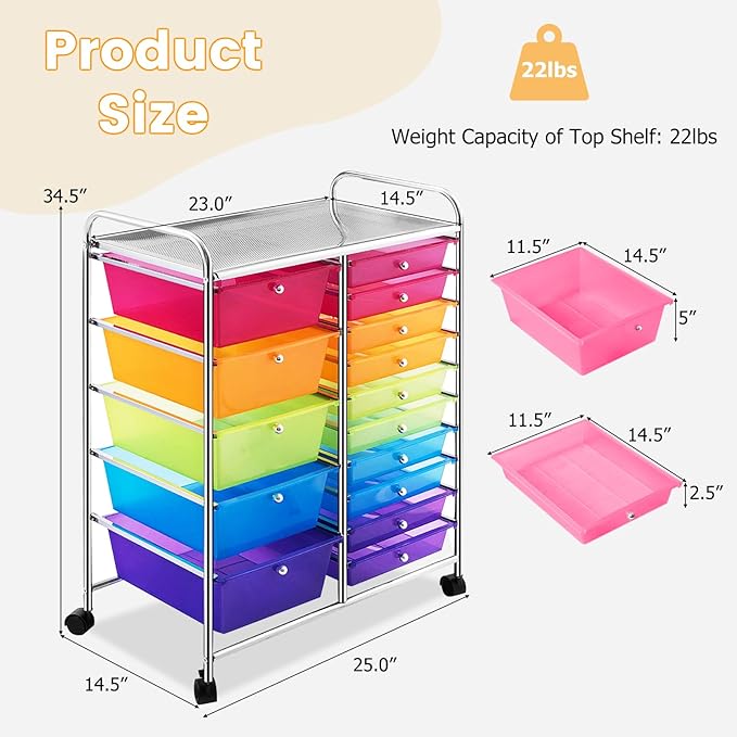 GLACER 15 Drawers Rolling Cart, Storage Cart - Image 3