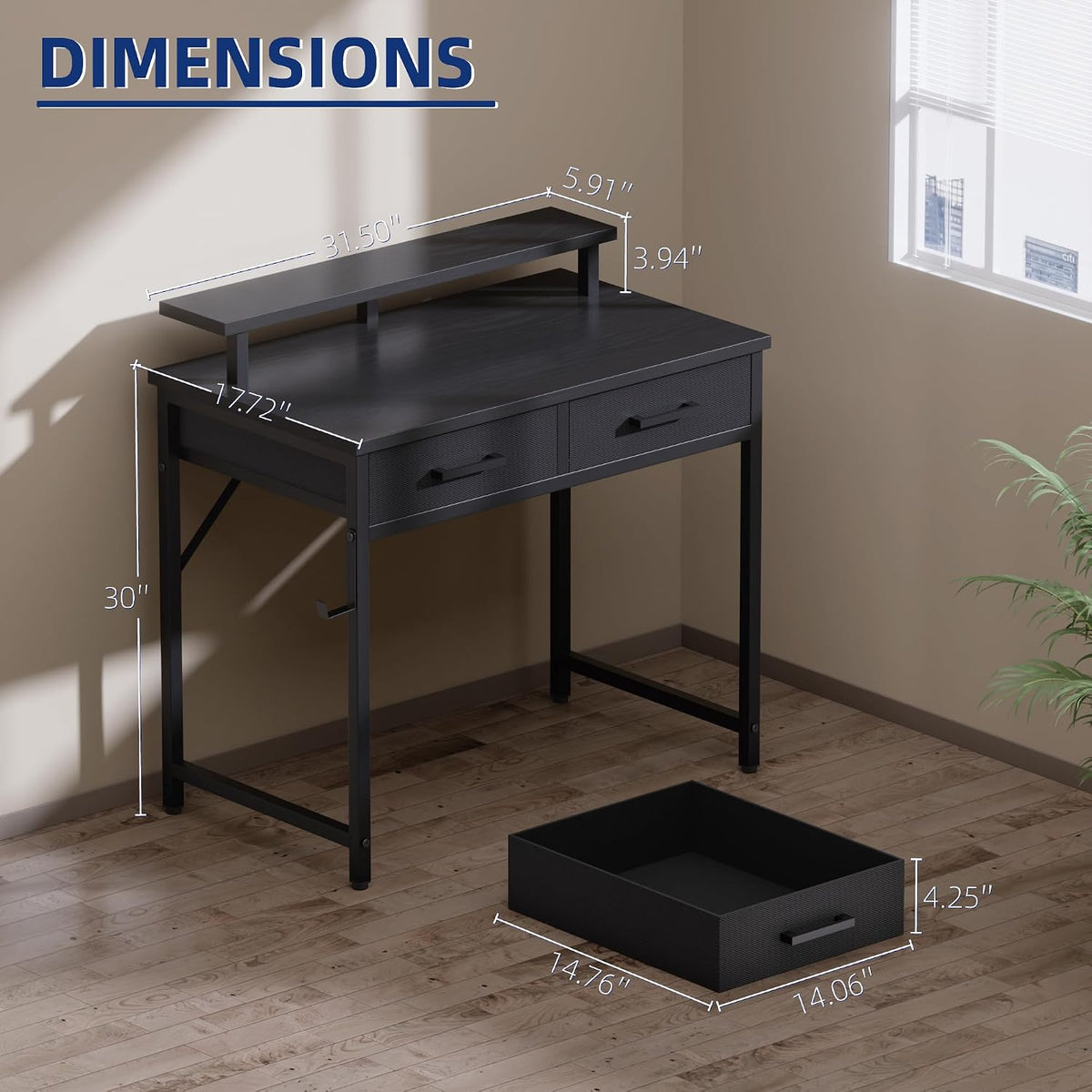 Pamray 32 Inch Small Computer Desk with Monitor Stand and 2 Drawers