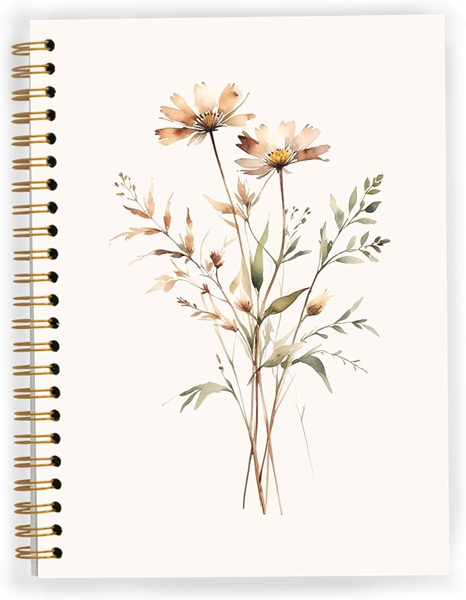 JWVK Retro Neutral Flower Spiral Notebook, Boho Floral Botanical Notebooks by JWVK