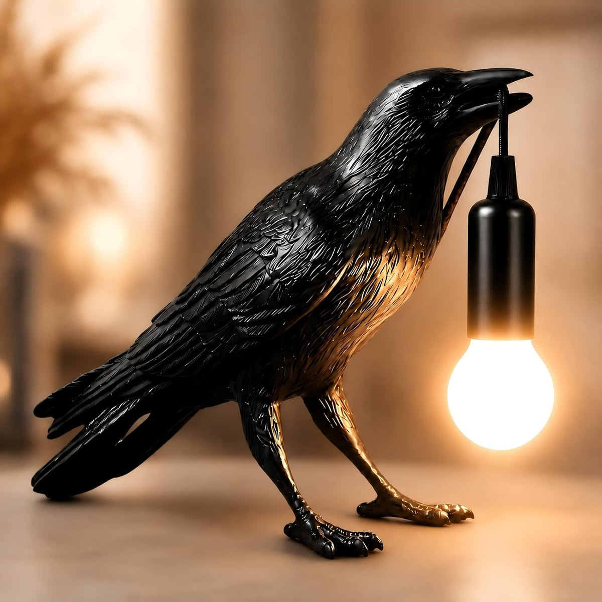 Shandaglo Raven Lamp Gothic Decor, Black Crow Table Light with LED Bulb E12